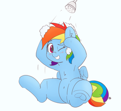 Size: 1280x1167 | Tagged: safe, artist:pabbley, color edit, edit, rainbow dash, pegasus, pony, g4, 30 minute art challenge, armpits, belly button, colored, cute, dashabetes, female, mare, one eye closed, shower, simple background, sitting, solo, underhoof, washing