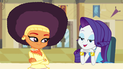 Size: 2000x1132 | Tagged: safe, artist:thebarsection, artist:theshadowstone, edit, editor:ktd1993, rarity, saffron masala, equestria girls, g4, afro, cafeteria, equestria girls-ified, female, flirting, lesbian, raffron, shipping, show accurate