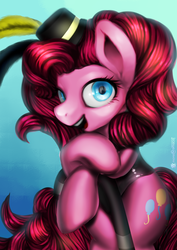 Size: 2893x4092 | Tagged: safe, artist:monochromacat, pinkie pie, earth pony, pony, g4, cane, female, happy, hat, high res, looking at you, mare, open mouth