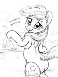 Size: 652x868 | Tagged: safe, artist:verulence, derpibooru exclusive, applejack, earth pony, pony, g4, bipedal, butt, clothes, dialogue, female, monochrome, offscreen character, one-piece swimsuit, plot, sketch, solo, swimsuit