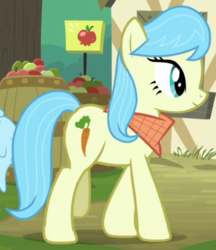 Size: 432x500 | Tagged: safe, screencap, spring harvest, earth pony, pony, g4, the perfect pear, apple, background pony, bandana, barrels of apple, cropped, female, food, mare, solo