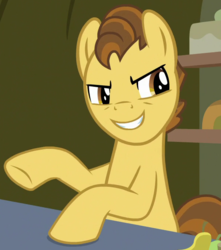 Size: 600x680 | Tagged: safe, screencap, grand pear, earth pony, pony, g4, the perfect pear, cropped, food, male, pear, smiling, smirk, solo, stallion, young grand pear, younger