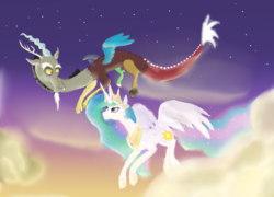 Size: 2553x1841 | Tagged: safe, artist:mr100dragon100, discord, princess celestia, g4, cloud, female, flying, looking at each other, male, ship:dislestia, shipping, straight, sunset