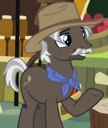 Size: 845x1000 | Tagged: safe, screencap, burnt oak, earth pony, pony, g4, the perfect pear, bandana, cropped, facial hair, hat, moustache, solo