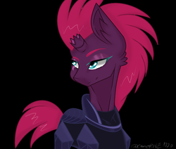 Size: 1024x868 | Tagged: safe, artist:catherine1220, tempest shadow, pony, unicorn, g4, my little pony: the movie, armor, black background, broken horn, ear fluff, eye scar, female, horn, mare, scar, simple background, smiling, solo