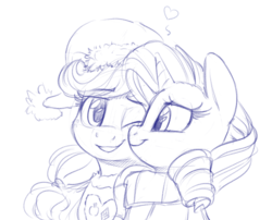 Size: 1078x871 | Tagged: safe, artist:verulence, derpibooru exclusive, applejack, rarity, pony, g4, clothes, female, lesbian, monochrome, scarf, ship:rarijack, shipping, simple background, white background