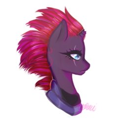 Size: 345x362 | Tagged: safe, artist:uomiii, tempest shadow, pony, unicorn, g4, my little pony: the movie, armor, broken horn, bust, digital art, eye scar, female, horn, looking at something, mare, scar, signature, simple background, solo, transparent background