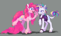 Size: 2844x1671 | Tagged: safe, artist:xenon, pinkie pie, rarity, classical unicorn, earth pony, pony, unicorn, g4, it isn't the mane thing about you, alternate hairstyle, bracelet, chest fluff, clothes, cloven hooves, colored hooves, duo, eyelashes, female, gray background, horn, jacket, jewelry, leonine tail, long tail, mare, poofy pie, punk, raripunk, simple background, spiked wristband, studded bracelet, unshorn fetlocks, wristband