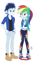 Size: 1090x2048 | Tagged: safe, artist:ilaria122, rainbow dash, soarin', equestria girls, g4, clothes, converse, duo, equestria girls-ified, female, geode of super speed, magical geodes, male, pants, ship:soarindash, shipping, shoes, signature, simple background, straight, transparent background