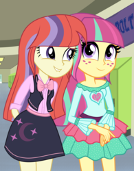 Size: 1984x2544 | Tagged: safe, artist:fundz64, artist:limedazzle, artist:themexicanpunisher, artist:xebck, moondancer, sour sweet, equestria girls, g4, alternate universe, canterlot high, clothes, cute, dancerbetes, dress, duo, equestria girls-ified, female, hallway, lesbian, lockers, shipping, show accurate, skirt, smiling, sourbetes, sourdancer