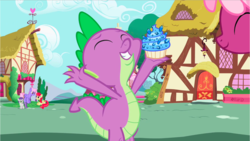 Size: 1282x721 | Tagged: safe, screencap, apple bumpkin, cheerilee, rainbowshine, spike, tornado bolt, dragon, earth pony, pegasus, pony, g4, secret of my excess, apple family member, baby, baby dragon, background pony, celebrating, cheeribetes, clothes, cupcake, cute, eyes closed, female, filly, food, gem, hurricane storm, mare, offscreen character, ponyville, rainbowdorable, raised arms, sapphire, sapphire cupcake, scarf, sitting, smiling, trio, twisty doo