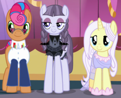 Size: 760x615 | Tagged: safe, screencap, inky rose, lily lace, starstreak, earth pony, pegasus, pony, unicorn, g4, honest apple, clothes, cropped, female, glasses, male, mare, pigtails, smiling, stallion, trio, twintails