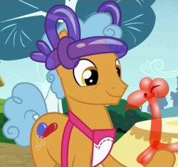 Size: 1145x1078 | Tagged: safe, screencap, twisty pop, forever filly, g4, apron, balloon, balloon animal, balloon hat, clothes, cropped, hoof hold, male, smiling, solo, stallion