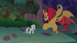 Size: 1279x720 | Tagged: safe, screencap, fluttershy, manny roar, manticore, pegasus, pony, friendship is magic, g4, season 1, duo, everfree forest, raised paw