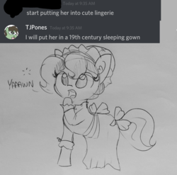 Size: 1457x1440 | Tagged: safe, artist:tjpones, oc, oc only, oc:brownie bun, earth pony, pony, horse wife, bow, clothes, discord (program), female, lineart, mare, nightgown, raised hoof, solo, traditional art, yawn