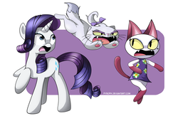 Size: 1024x724 | Tagged: safe, artist:pyropk, opalescence, rarity, cat, pony, unicorn, g4, animal crossing, attack, clothes, crossover, cute, dress, female, furry confusion, olivia, scared