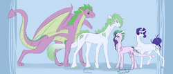 Size: 3000x1278 | Tagged: safe, artist:slapdatpig, rarity, spike, oc, oc:juniper, oc:pradaxa, dracony, hybrid, g4, alternate hairstyle, cloven hooves, colored hooves, family, female, interspecies offspring, male, offspring, older, older spike, parent:rarity, parent:spike, parents:sparity, quadrupedal spike, scales, ship:sparity, shipping, short hair, simple background, straight, winged spike, wings