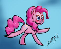 Size: 945x761 | Tagged: safe, artist:corral-summer, artist:timewarp33, pinkie pie, earth pony, pony, g4, blue background, blushing, butterface, female, gradient background, grin, mare, pose, raised hoof, raised leg, simple background, smiling, solo