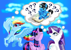 Size: 1240x876 | Tagged: dead source, source needed, safe, artist:humblemarty, rainbow dash, rarity, twilight sparkle, oc, alicorn, pegasus, pony, unicorn, fanfic:who does the animerican like, g4, book, canon x oc, fanfic, fanfic art, flying, glasses, glowing horn, horn, looking up, prone, question mark, quill, thinking, thought bubble, twilight sparkle (alicorn)