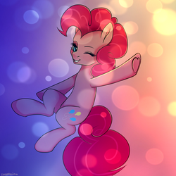 Size: 1024x1024 | Tagged: safe, artist:cottonaime, pinkie pie, g4, abstract background, female, one eye closed, smiling, solo, underhoof, wink