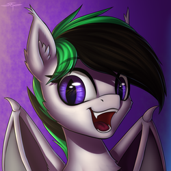 Size: 3000x3000 | Tagged: safe, artist:setharu, oc, oc only, oc:night wing, bat pony, pony, bat pony oc, bust, commission, ear fluff, fangs, female, high res, open mouth, portrait, signature, smiling, solo