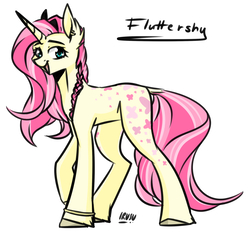 Size: 2363x2207 | Tagged: safe, artist:lrusu, fluttershy, pony, unicorn, g4, braid, female, fluttershy (g5 concept leak), g5 concept leak style, g5 concept leaks, high res, looking at you, mare, simple background, smiling, solo, unicorn fluttershy, white background