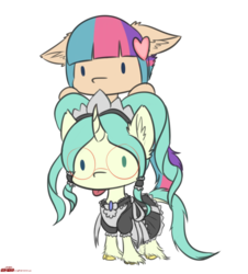 Size: 1536x1700 | Tagged: safe, artist:orang111, oc, oc only, oc:coconut daiquiri, oc:sugar muffin, classical unicorn, pony, unicorn, chibi, clothes, cloven hooves, curved horn, cute, female, glasses, heterochromia, horn, leonine tail, maid, muffindaiq, simple background, tongue out, transparent background, unshorn fetlocks