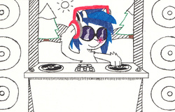 Size: 1975x1266 | Tagged: safe, artist:eternaljonathan, dj pon-3, vinyl scratch, deer, deer pony, original species, reindeer, g4, deerified, headphones, ink, record, record scrape, red nose, rule 63, snow, solo, species swap, traditional art, turntable