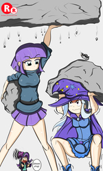 Size: 1500x2500 | Tagged: safe, artist:ryured, boulder (g4), maud pie, starlight glimmer, trixie, human, equestria girls, g4, beanie, cigarette, clothes, cloud, dialogue, dress, duo, equestria girls outfit, female, hat, human coloration, humanized, legs, lifting, pleated skirt, rock, skirt, skirt lift, smoking, speech, speech bubble, sunglasses, trixie's hat, upskirt denied