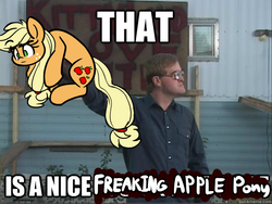 Size: 569x428 | Tagged: safe, artist:heir-of-rick, applejack, earth pony, human, pony, g4, bubbles (trailer park boys), confused, female, hatless, image macro, irl, irl human, mare, meme, missing accessory, photo, trailer park boys