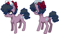 Size: 390x224 | Tagged: safe, artist:rhorse, artist:saby, derpibooru exclusive, oc, oc only, oc:nurse tourniquet, earth pony, pony, horse heresy, black mane, bow, brown eyes, butt, creepy, creepy smile, curly mane, female, hair bow, hair over one eye, isometric, lanky, lowres, mare, multiple views, nurse, pink coat, pinpoint eyes, pixel art, plot, rear view, simple background, skinny, smiling, solo, standing, stare, thin, thin legs, transparent background, true res pixel art