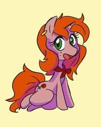 Size: 800x1000 | Tagged: safe, artist:skeletonburglar, oc, oc only, oc:debra rose, pony, unicorn, clothes, looking at you, open mouth, redhead, simple background, sitting, smiling, solo