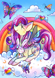 Size: 629x886 | Tagged: safe, artist:flickex, angel bunny, fluttershy, butterfly, g4, colored wings, rainbow