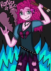 Size: 4700x6582 | Tagged: safe, artist:takrontoxicity, pinkie pie, equestria girls, g4, absurd resolution, clothes, devil horn (gesture), drumsticks, female, pants, rock (music), rocker, solo, torn clothes