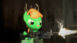 Size: 1366x768 | Tagged: safe, artist:whirlhorse, oc, oc only, oc:windy whirls, deer, original species, peryton, 3d, bullet, bullet casing, clothes, gun, machine gun, muzzle flash, red nose, scarf, smoke, solo, weapon