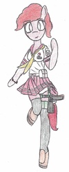 Size: 683x1711 | Tagged: safe, artist:sovietpone, pinkie pie, earth pony, anthro, unguligrade anthro, g4, clothes, female, gun, panties, simple background, skirt, skirt lift, socks, solo, thigh highs, traditional art, underwear, upskirt, weapon, white background
