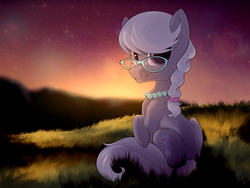 Size: 1600x1200 | Tagged: safe, artist:kebchach, silver spoon, earth pony, pony, g4, female, filly, glasses, jewelry, looking at you, necklace, sitting, smiling, solo, sunset