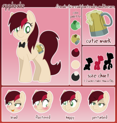 Size: 2114x2225 | Tagged: safe, artist:pearlyiridescence, oc, oc only, oc:appleale, earth pony, pony, blushing, bowtie, female, high res, mare, reference sheet, size chart, size comparison, solo