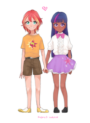 Size: 768x1048 | Tagged: safe, artist:extraluna, sunset shimmer, twilight sparkle, human, equestria girls, g4, alternate clothes, blushing, child, clothes, cute, dark skin, duo, female, holding hands, humanized, lesbian, shimmerbetes, ship:sunsetsparkle, shipping, shorts, simple background, skirt, twiabetes, white background, younger