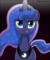Size: 1000x1198 | Tagged: safe, artist:tsudashie, princess luna, alicorn, pony, g4, black background, blushing, eyelashes, female, jewelry, licking, licking lips, lidded eyes, looking at you, mare, patreon, patreon logo, simple background, solo, tiara, tongue out