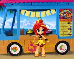 Size: 1024x819 | Tagged: safe, artist:whatthehell!?, edit, sunset shimmer, equestria girls, g4, beach, bracelet, clothes, doll, equestria girls minis, food, irl, japanese, jewelry, menu, midriff, photo, sandals, sky, sunset sushi, sushi, swimsuit, toy, truck