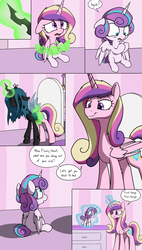 Size: 3000x5300 | Tagged: safe, artist:skitter, princess cadance, princess flurry heart, queen chrysalis, alicorn, changeling, changeling queen, pony, comic:change of heart (skitter), g4, age regression, baby, baby pony, character to character, comic, crib, disguise, disguised changeling, fake cadance, female, impostor, levitation, magic, telekinesis, transformation