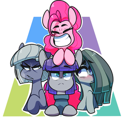 Size: 2125x2049 | Tagged: safe, artist:sourspot, limestone pie, marble pie, maud pie, pinkie pie, earth pony, pony, g4, :<, blushing, eyes closed, female, grin, grumpy, high res, mare, pie sisters, siblings, sisters, smiling, unamused, wavy mouth