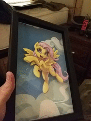 Size: 480x640 | Tagged: safe, artist:kp-shadowsquirrel, fluttershy, human, pegasus, pony, g4, animated, bedroom, cloud, cutout, female, flying, happy, irl, irl human, no sound, photo, reflection, shadow, shadowbox, webm