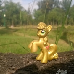 Size: 612x612 | Tagged: safe, artist:chicofondo, applejack, g4, gold, hatless, irl, missing accessory, nature, photo, photography, rearing, solo, tree, wood