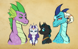 Size: 1632x1040 | Tagged: safe, artist:miyathegoldenflower, princess ember, rarity, spike, thorax, g4, alternate hairstyle, alternate universe, bisexual, braid, bust, ear piercing, earring, female, gay, horn, horn ring, interspecies, jewelry, lesbian, looking at you, male, necklace, older, older ember, older spike, opaline's hairstyle, ot4, piercing, polyamory, rarax, ship:emberity, ship:emberspike, ship:embrax, ship:sparity, ship:spembrax, ship:thoraxspike, shipping, spike gets all the mares, straight