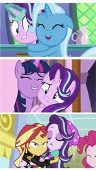 Size: 944x1678 | Tagged: safe, screencap, pinkie pie, starlight glimmer, sunset shimmer, trixie, twilight sparkle, alicorn, a royal problem, all bottled up, equestria girls, equestria girls specials, g4, my little pony equestria girls: mirror magic, comparison, hug, twilight sparkle (alicorn)