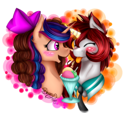 Size: 1541x1410 | Tagged: safe, artist:shamy-crist, oc, oc only, pony, unicorn, bow, bust, female, food, hair bow, heart eyes, ice cream, magic, mare, portrait, simple background, tongue out, transparent background, wingding eyes