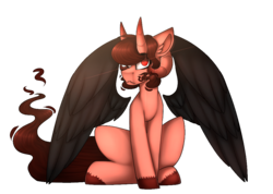 Size: 1000x711 | Tagged: safe, artist:umiimou, oc, oc only, oc:lucifer, demon pony, pony, colored wings, female, horns, simple background, sitting, solo, transparent background