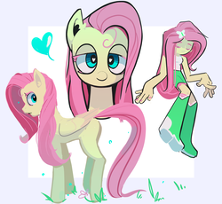 Size: 1178x1082 | Tagged: safe, artist:zekrei, fluttershy, human, pegasus, pony, equestria girls, g4, abstract background, anatomically incorrect, female, folded wings, heart, heart eyes, human ponidox, lidded eyes, looking at you, mare, self ponidox, smiling, solo, wingding eyes